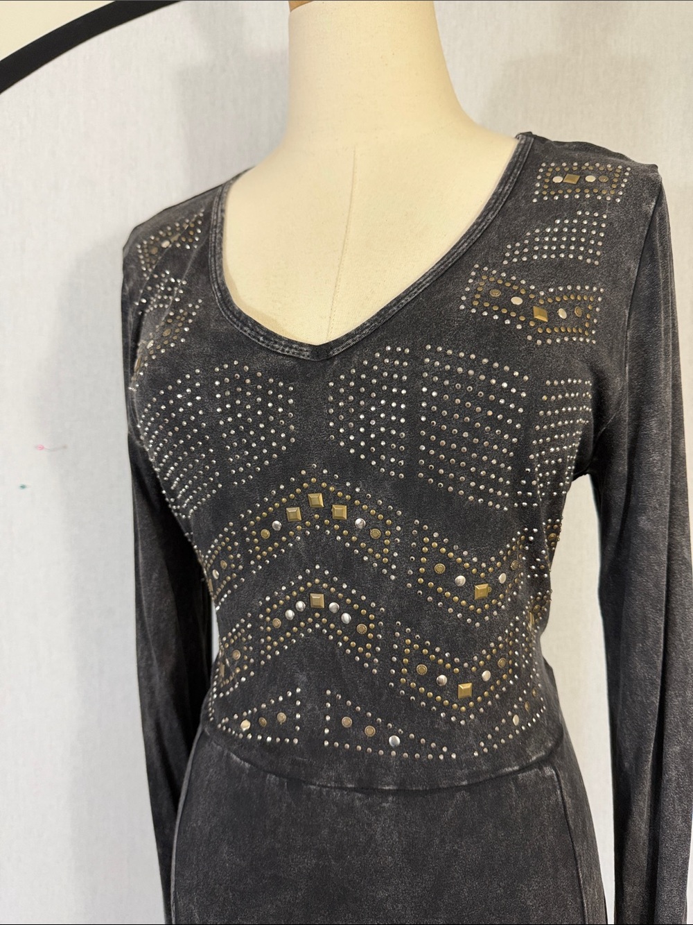 Vintage T Party Black Enzyme Wash Fringe Studded Y2K Goth Grunge Dress size L - Picture 3 of 8